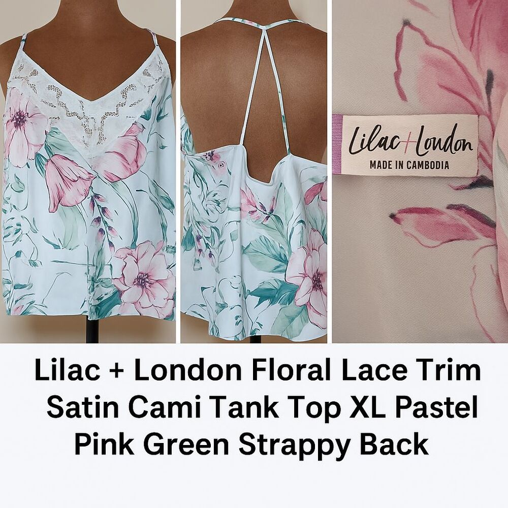 Lilac & London XL Satin Cami Tank Top Spaghetti Straps‎ Cottagecore Top Only
